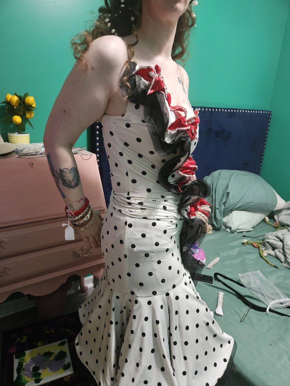 "Lola" - Polka Dot couture Valeria Designs Swing dresss w/ red Swarovski flowers - Picture 8 of 15